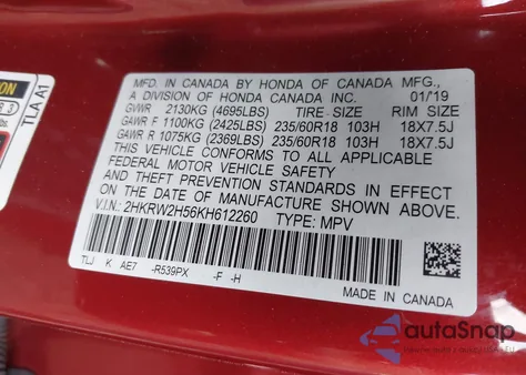 2019 Honda Cr-V Ex из США, поврежденный, VIN 2HKRW2H56KH612260